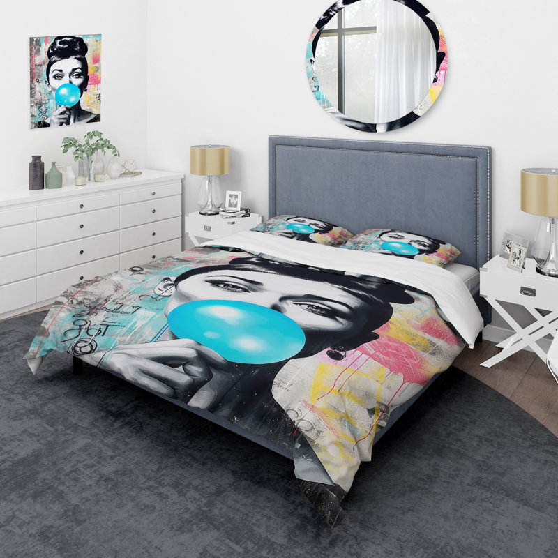 Ensemble de housse de couette Audrey Hepburn Blue Bubble Gum - Celebrity, Housse de couette simple et deux taies décorative
