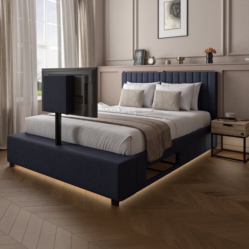 XR Living Maisie Fabric TV Bed with LED Lighting, Navy, Kingsize (5')