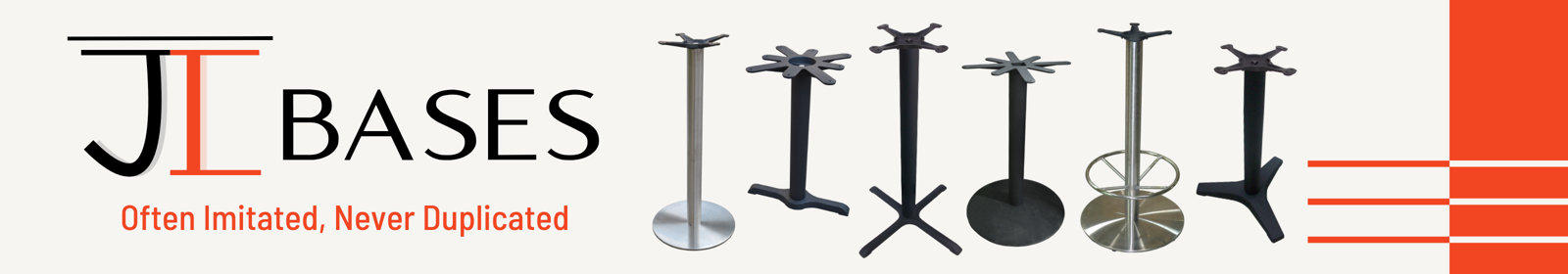 JI Bases - Often Imitated, Never Duplicated - image shows logo and 6 table bases