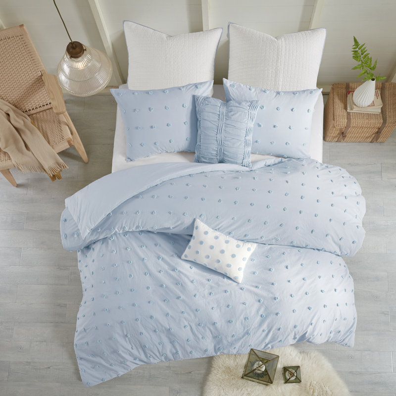 Brooklyn Cotton Jacquard Duvet Cover Set with Euro Shams and Throw Pillows, Blue