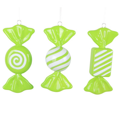  7.5" High-Gloss Candy Ornament Assortment. Includes an assortment of 3 ornaments per bag.