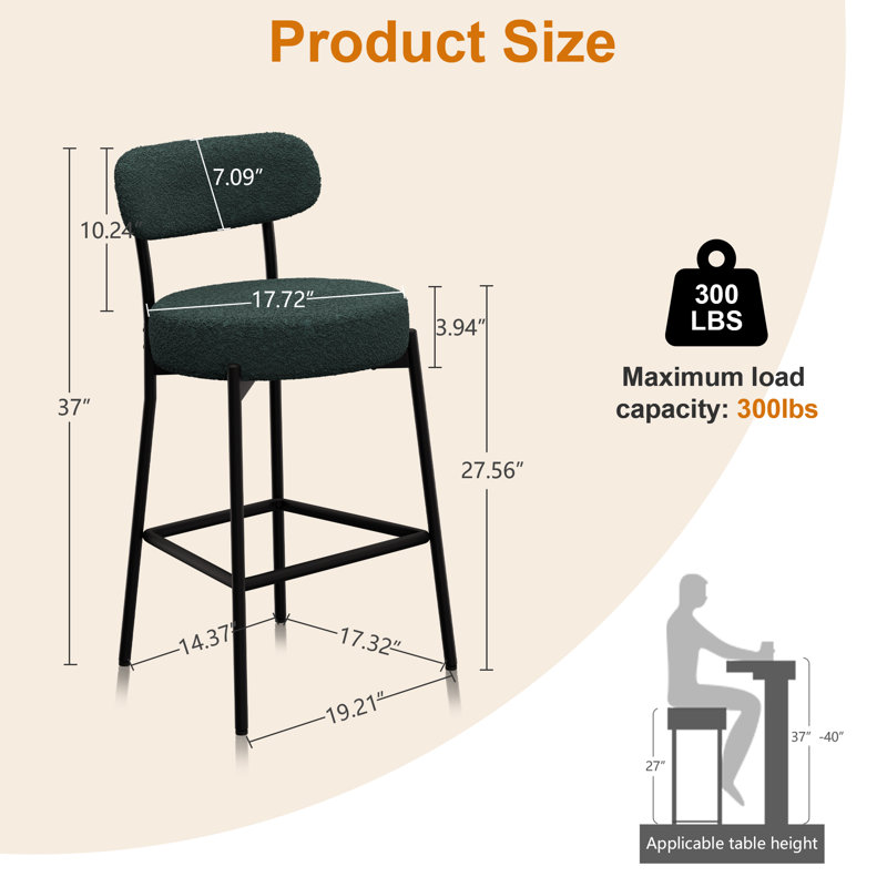 Emmorie Modern Counter Height Bar Stools , 28 Inch Upholstered Barstools with Curved Open Back & Round Seat, Plush Bouclé Fabric Bar Chairs for Kitchen Island, Dining Counter & Home Bar, Comfortable & Stylish (Set of 4)