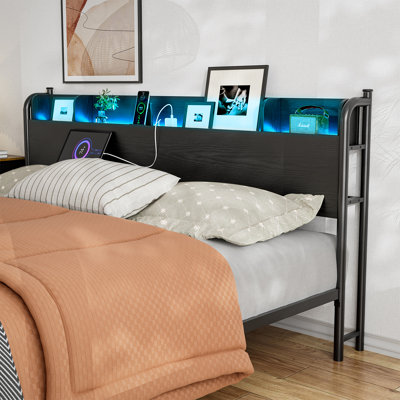 Ivy Bronx Storage Headboard With Charging Station and LED Lights, Height Adjustable