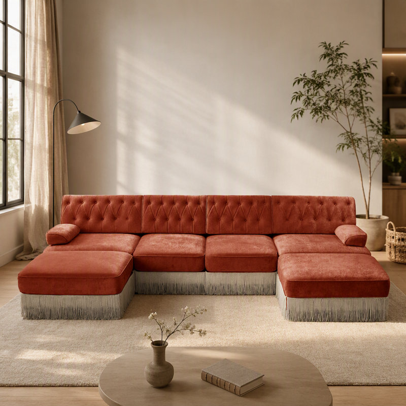 Canapé modulaire 4 places avec 2 repose-pieds en nuage, jupe à pampilles, conception capitonnée, mousse haute densité, base ergonomique en bois, pour les salons et les chambres