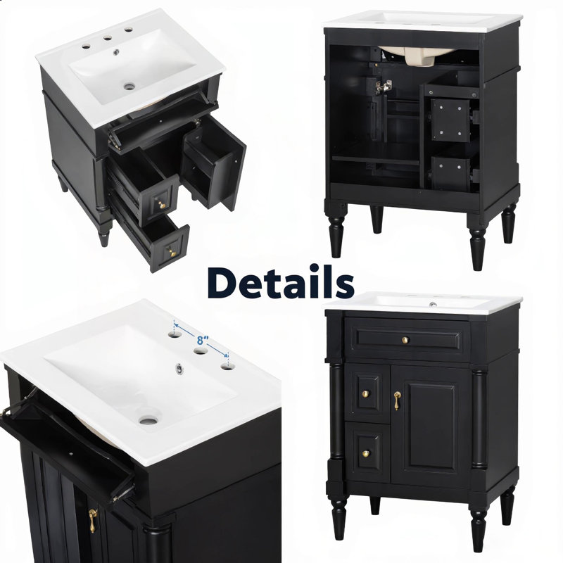 Meuble-lavabo autoportant de 24 po avec lavabo, armoire noire, tiroir rabattable, tablette réglable et poignées en métal