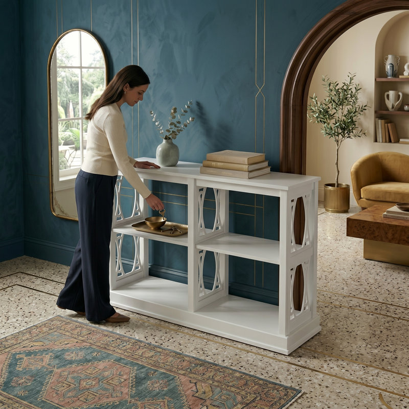 47" Solid Acacia Wood Console Table - 3-Tier Entryway Sofa Table with CNC Cutout Details - Clean White Finish