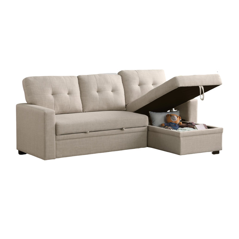 82" Modern Reversible Sleeper Sectional Pull Out Sofa Bed With Storage Chaise, Beige