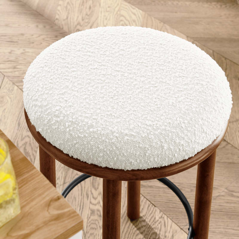 Walnut Ivory Backless Boucle Counter Stools with Wood Legs