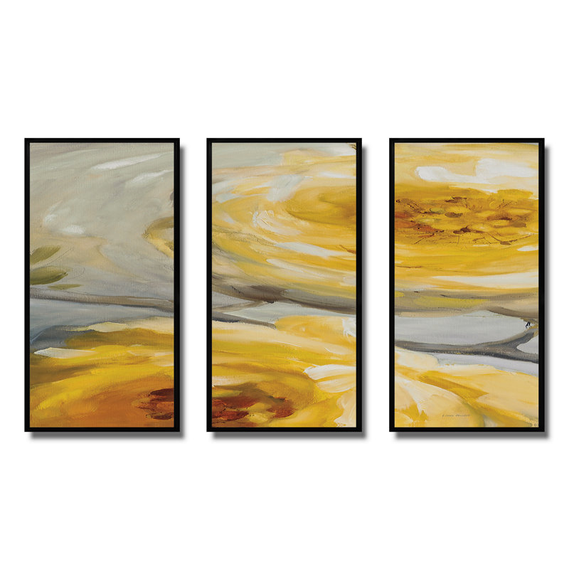 «Sunshine Yellow Flower III», ensemble d'art mural sur toile encadré 3, 32" H x 48" W x 1" D, Cadre noir