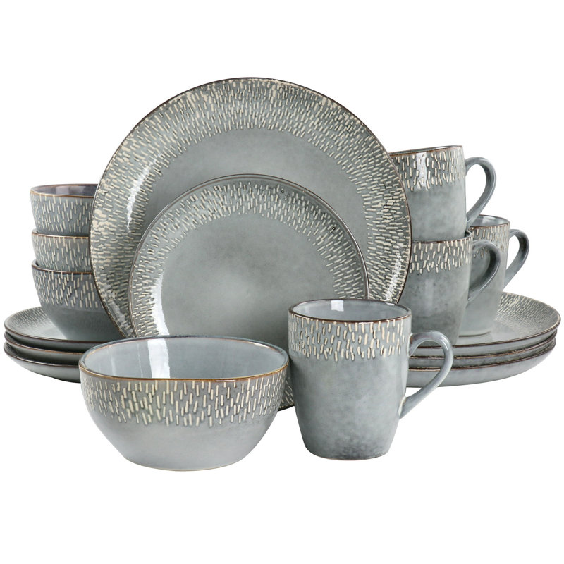 Service de table 16 pièces en grès réactif 16 pièces, service de vaisselle gris pour 4 personnes, vaisselle et va au micro-ondes