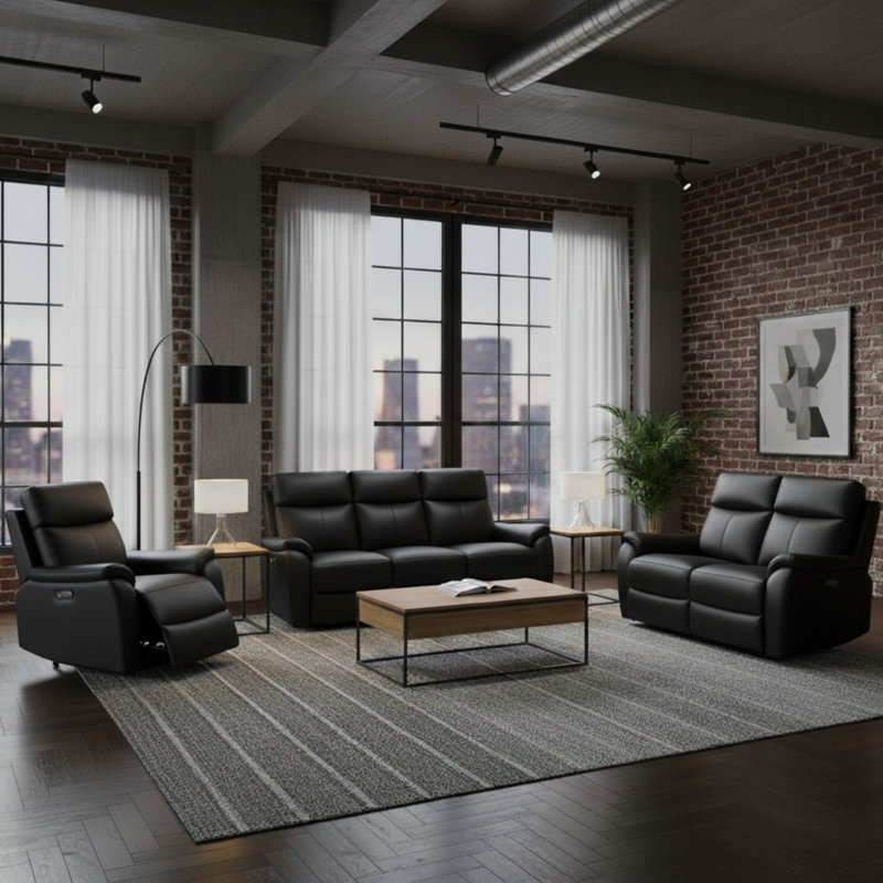 Windsor Powerglide 3 + 2 + 1 Real Leather Power Recliner Sofa Suite, Black