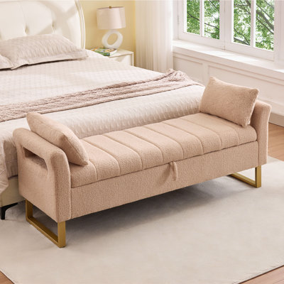 66"W Upholstered Flip Top Teddy Storage Bench King Size with Gold Legs,Curverd Armrest and 2 Pillows 