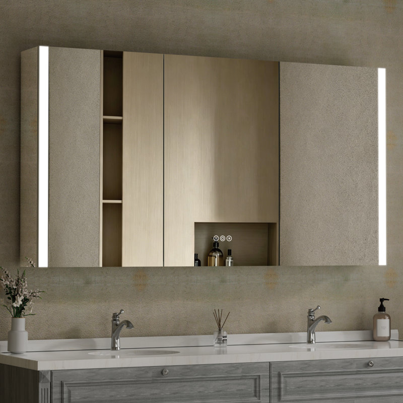 54" W x 32" H Jayland Rectangular Silver Aluminum Frame Recessed/Surface Mount Medicine Cabinet with Anti-Fog Mirrors, 3 Color Temperatures Dimmable Lights and Adjustable Glass Shelves for Makeup, Shaving or Bathroom Vanity Storage