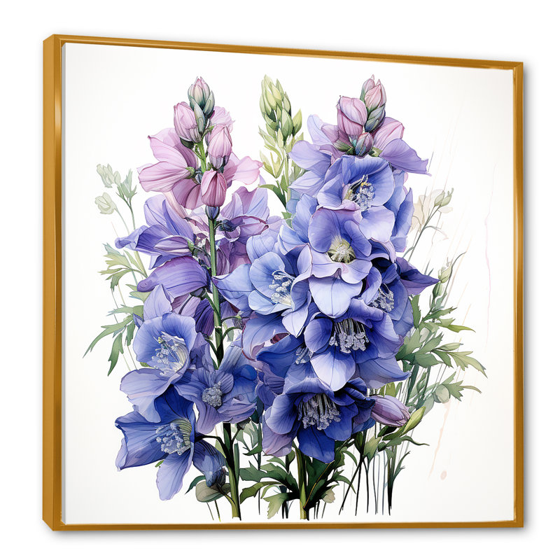 Bleu et mauve, Delphinium, bouquet de fleurs III - Delphinium, art mural, Cadre flottant doré, H 16 po x l 16 po x P 1 po