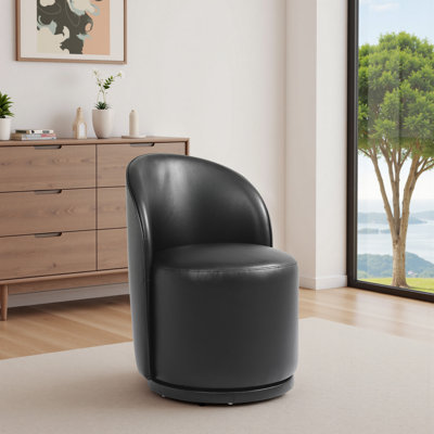 Upholstered Modern Black Faux Leather Barrel Swivel Side Dining Chair