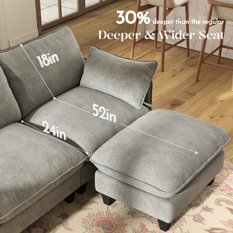Canapé modulaire rembourré 4 places et 2 repose-pieds Acker Puff Cloud, Gris chenille, 4