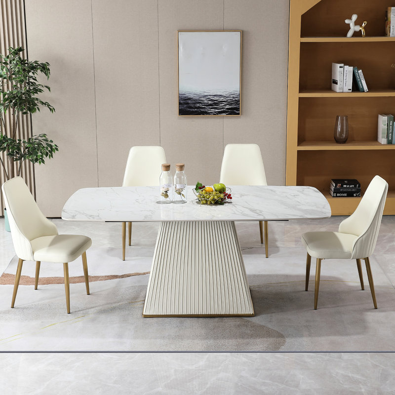 Table de salle à manger en pierre frittée de 71 po avec 6 chaises, blanc, teinté, table et chaise contemporaines à température, facile à entretenir, qualité de surface chauffante