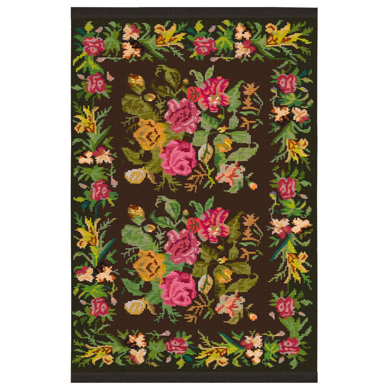 Karabakh Vintage Look Black Fringed Woven Base Rug, Rectangle 3 pi 11 po x 5 pi 10 po