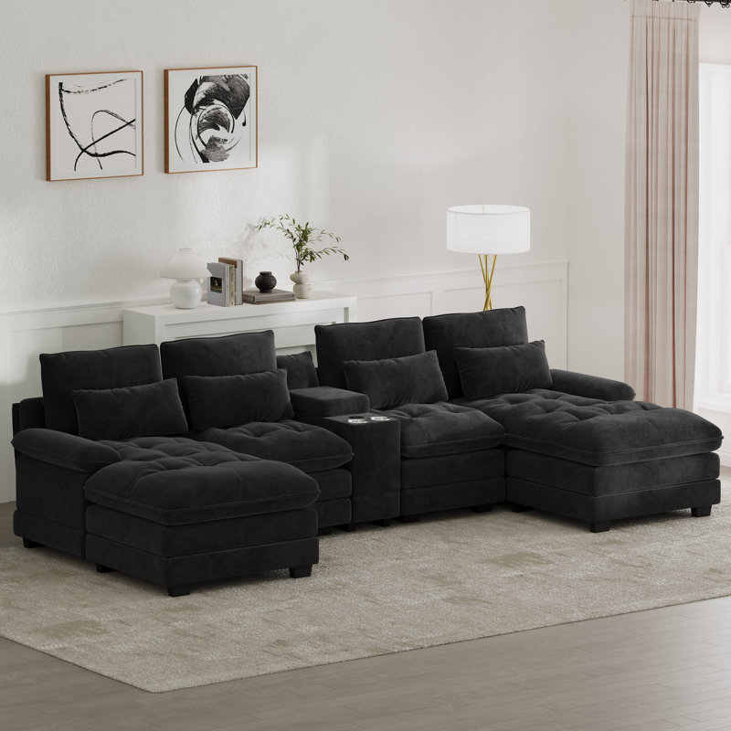 Canapé modulaire surdimensionné en U 4 pièces de 130 po avec console et porte-gobelets, Noir