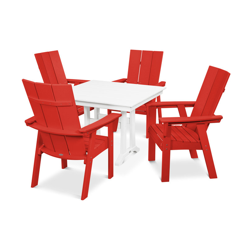 POLYWOOD Modern Curveback Adirondack 5-Piece Farmhouse Trestle Dining Set, Sunset Red/White