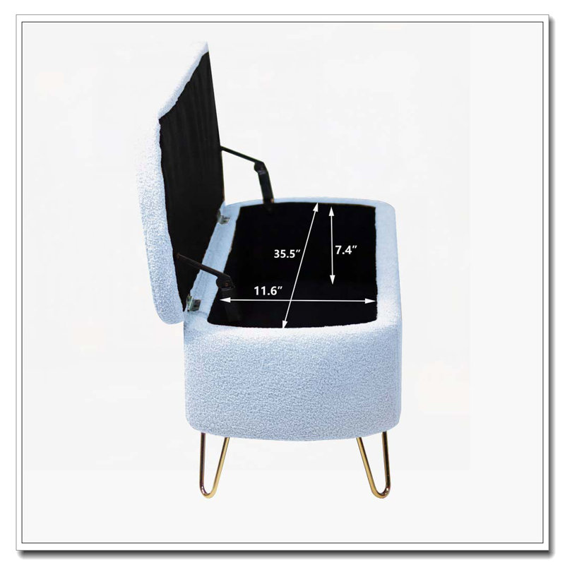 Banc de rangement rabattable en fausse fourrure avec pieds dorés, Bleu