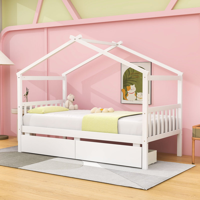 Henjes Twin 2 Drawers Wood House Bed, White