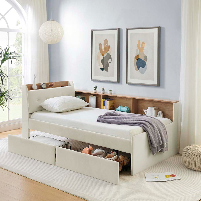 Lit de jour simple en tissu d'ameublement en velours avec tête de lit avec rangement et chargement sans fil, lit de jour multifonctionnel avec deux tiroirs de rangement et lumières DEL