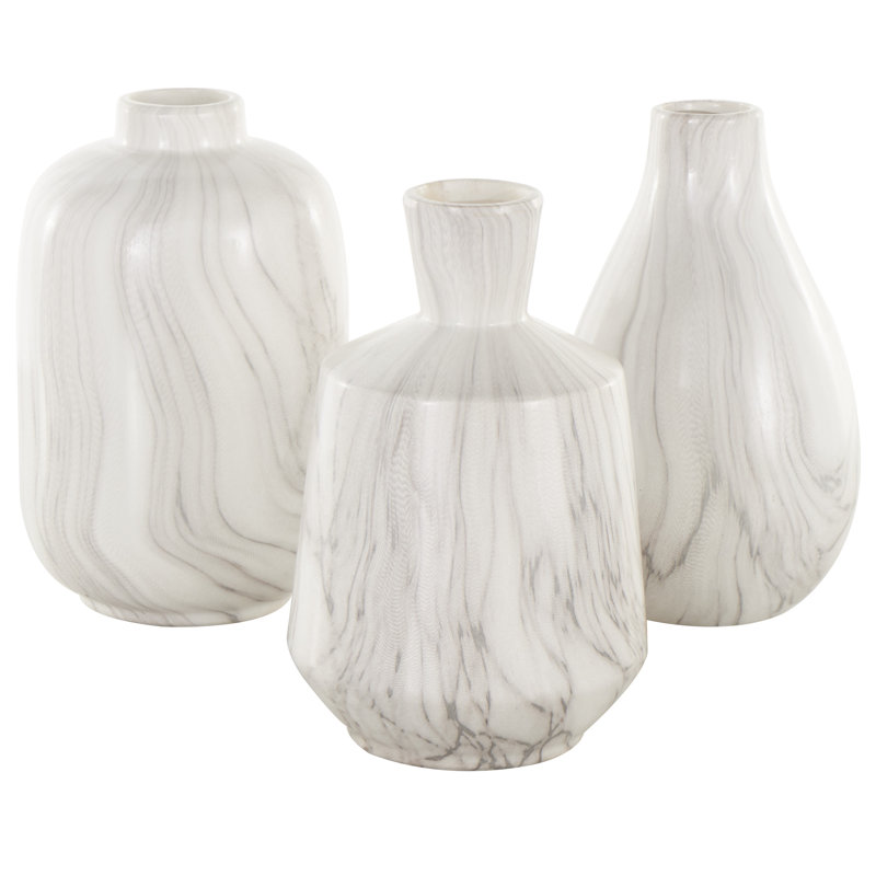 Mable 3 Piece Ceramic Table Vase Set, White/Gray