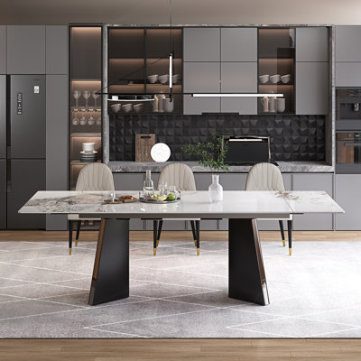 Glam Modern 63'' To 94.5” Extendable Dining Table With Sintered Stone Tabletop And Steel Base For 6-10