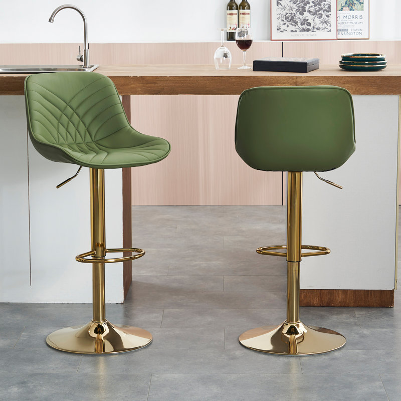 Adjustable Faux Leather Bar Stools with Base for Kitchen Island and Bar, Gold, Green
