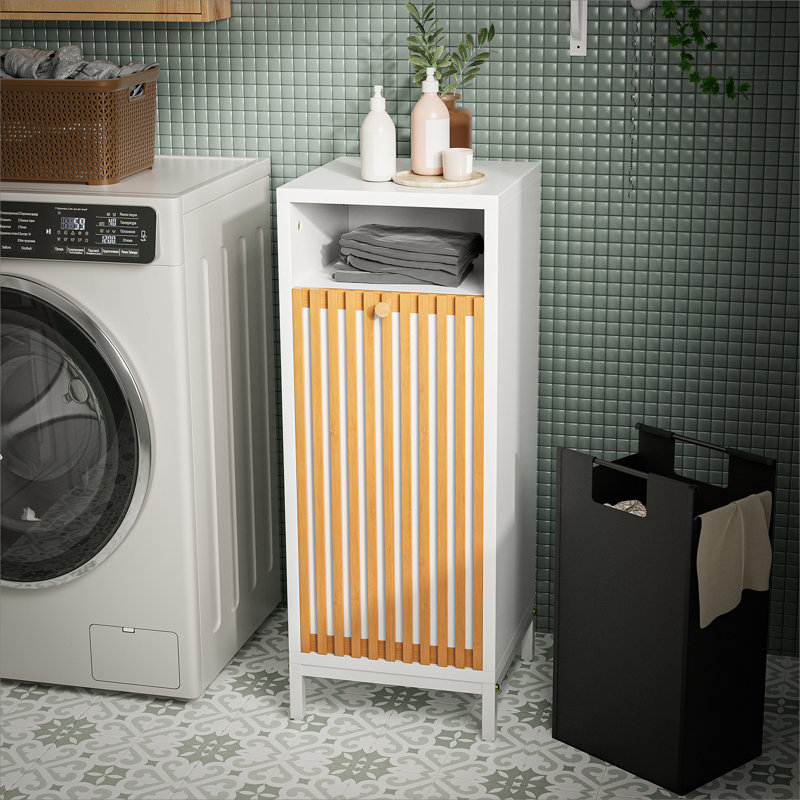Armoire de salle de bain avec façade et panier en bambou - naturel / blanc