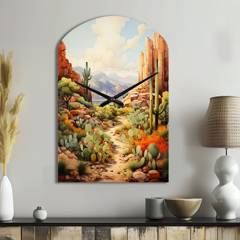 «Mexico Cactus Oasis Impasto I», horloge murale en métal Mexique, impression traditionnelle asymétrique, Grand