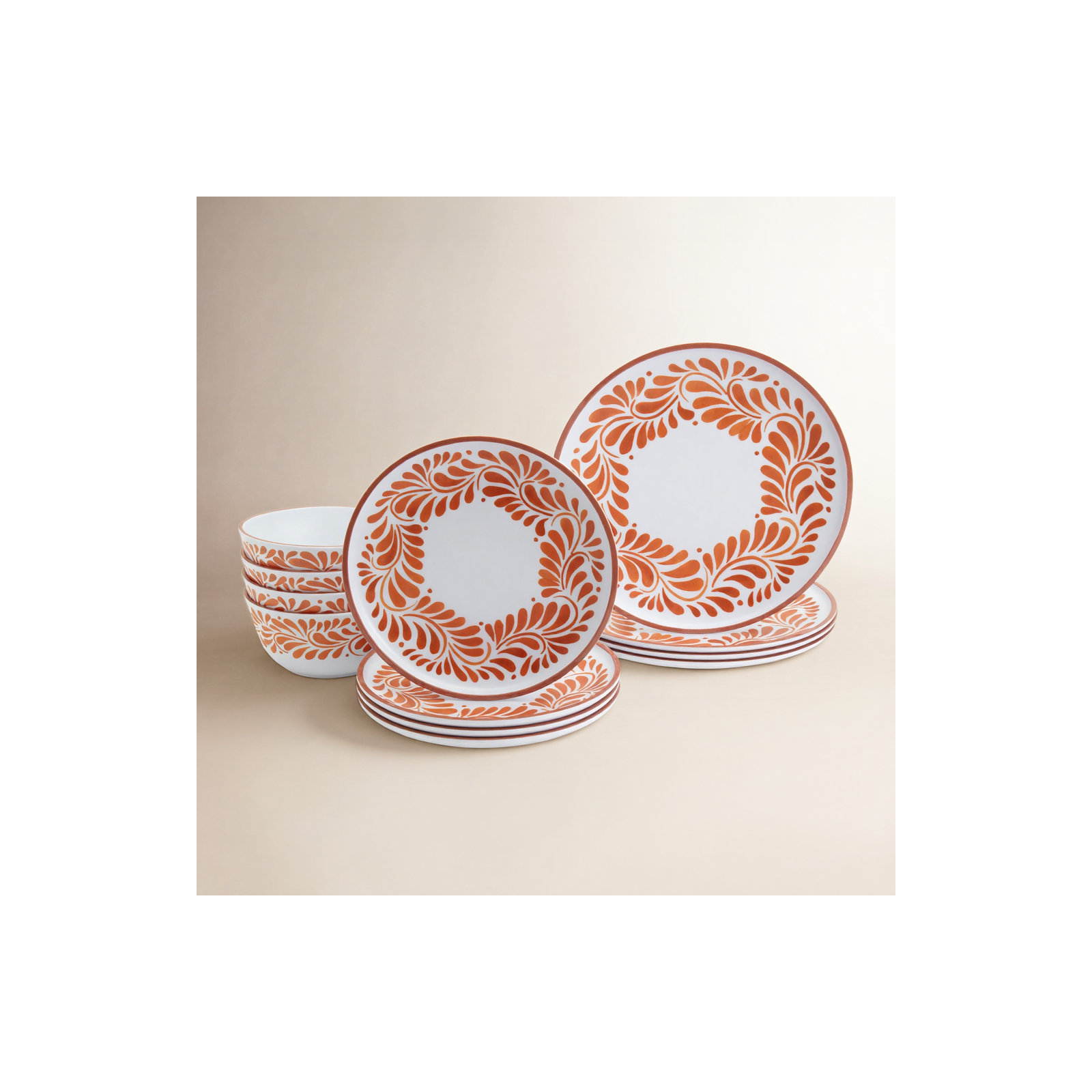 INFUSE 12-Piece Melamine Dinnerware Set, Lebrillo, White/Orange
