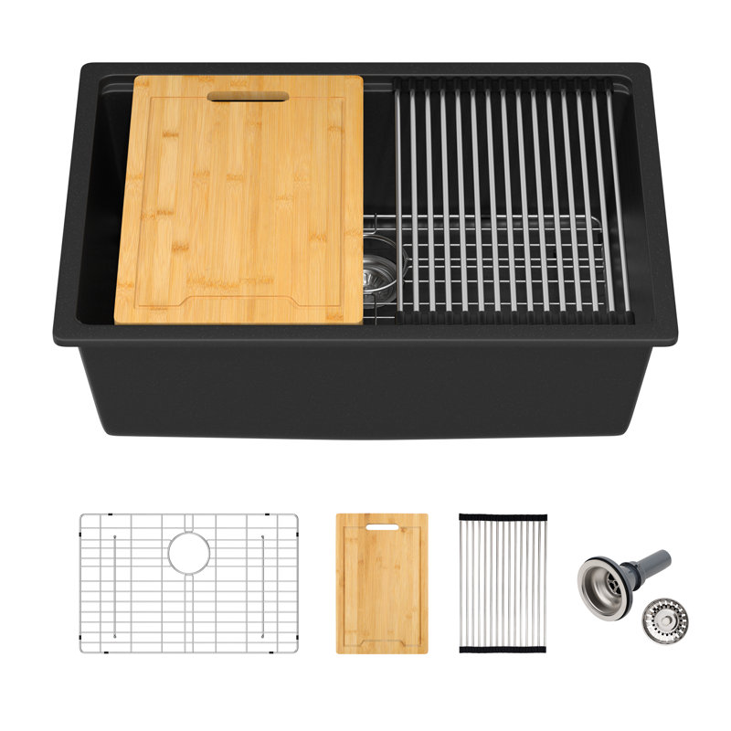 Évier de cuisine encastré 28 po x l 19 po à montage sous comptoir en quartz et granite avec grille inférieure, 28" L x 19" W