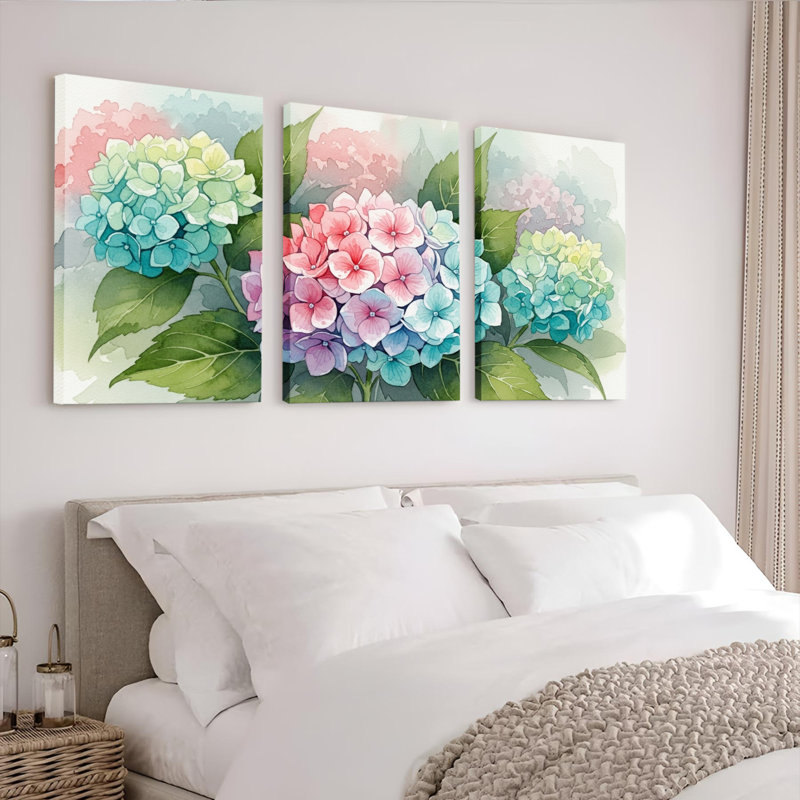 «Hydrangea», impression sur toile tendue à l'aquarelle sur toile, ensemble de 3, H 36 po x l 72 po
