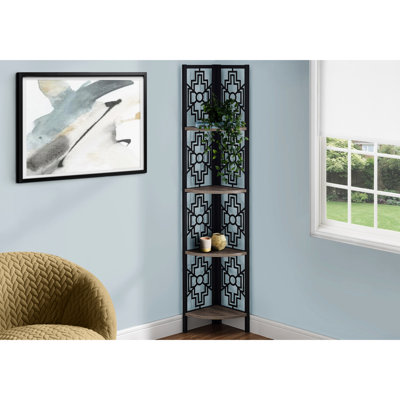 4 Tier Corner Bookcase In Transitional Design - Shelf Sleek Black Metal Frame Holds Plants & Decorative Items