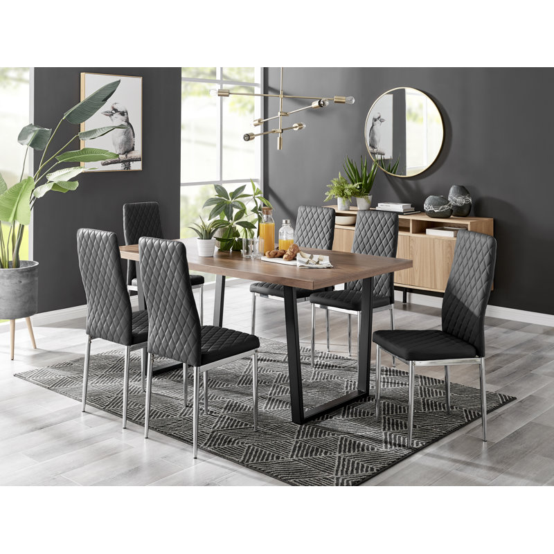 Kylooe Modern Brown Wood And Black Metal Dining Table Set With 6 Quilted Faux Leather Dining Chairs, Black/Silver