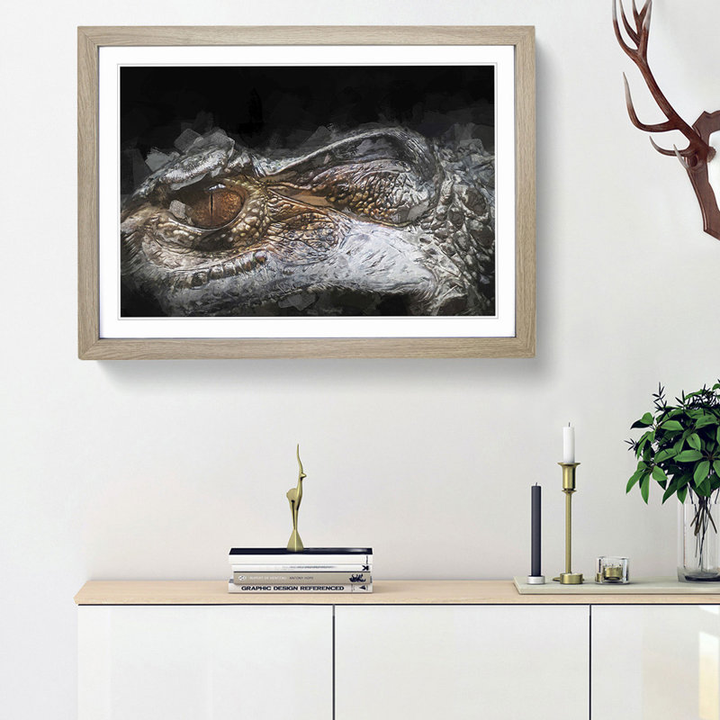 Alligator Watchful Eye in Abstract - Picture Frame Graphic Art Print, 48cm H x 65cm W x 2cm D, Oak Framed