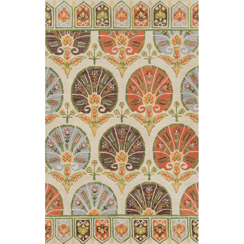 Tapis oriental ivoire / vert en laine touffeté à la main Adilet, Rectangle 9 pi 6 po x 13 pi 6 po
