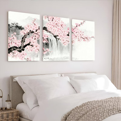 Cherry Blossom Waterfall Ink Painting Canvas Wrapped Wall Art, Traditional Asian Style (Set of 3)