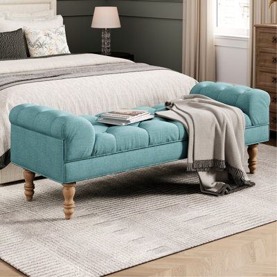 Bouton - banc de bout de lit sarcelle poussiéreux, repose-pieds rembourré confortable pour la chambre à coucher et le piano dans le salon, tabouret de pied d'entrée avec pieds stables et accoudoirs roulés à l'intérieur