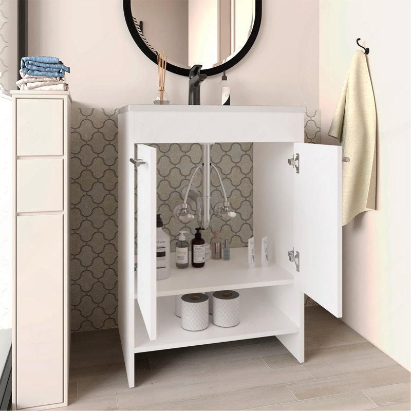 Meuble-lavabo avec quatre tiroirs et deux tablettes ouvertes, blanc