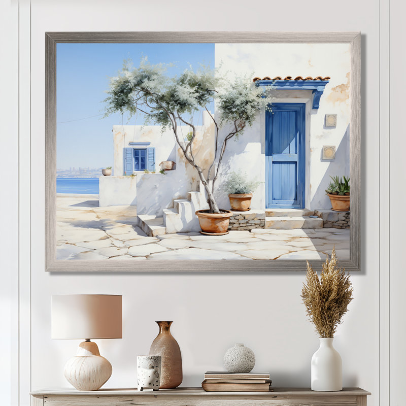 Welke, Grèce, Cycladic Harmony II - Grèce, art mural, Cadre flottant doré, H 30 po x l 40 po x P 1,5 po