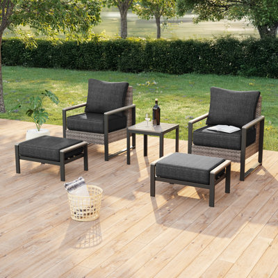 Ensemble de patio en rotin 5 pièces, fauteuil en osier résistant aux intempéries avec coussin amovible et structure robuste
