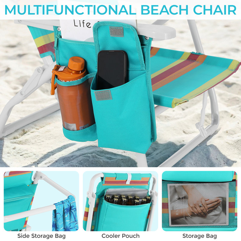 Wide 25" Low Backpack Beach Chair With 5 Position Lay Flat & Metal Handle, PVC-coated polyester Folding Beach Chair For Adults With Cooler Pouch, Storage Bag, Towel Bar, Foot Mat, For Camping, 350lbs(set Of 2, Orange-yellow And Turquoise Stripes)