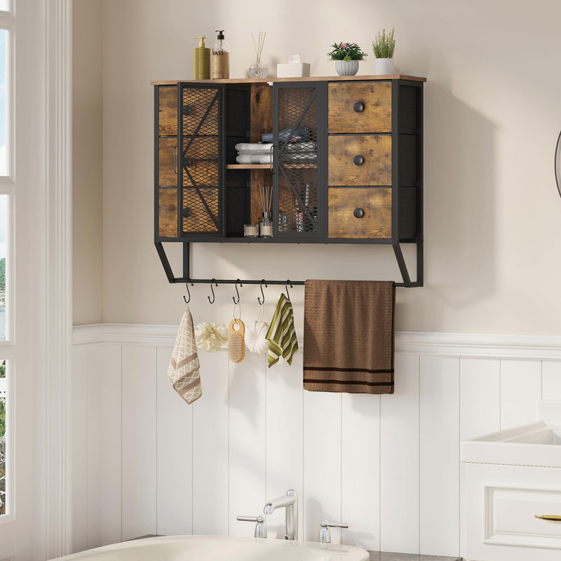 Bathroom Wall Cabinet with 5 Hooks and Towel Bar