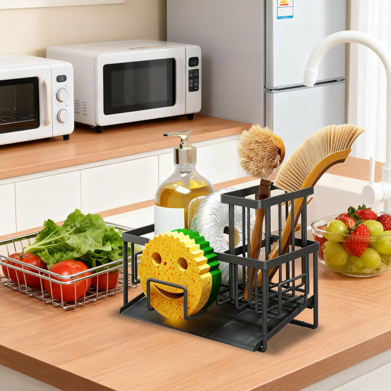 Organisateur de panier d'évier avec plateau autodrainant, éponge réglable et porte-brosse, distributeur de savon à vaisselle pour le rangement et l'organisation de l'évier de cuisine