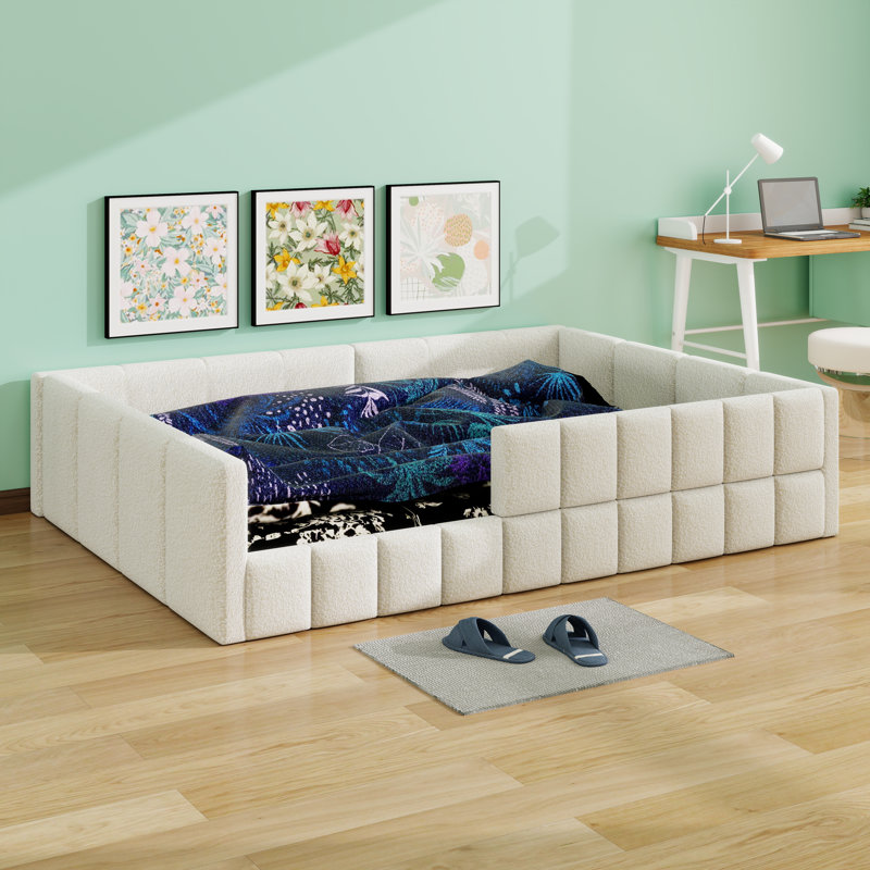 Lit tapissier en laine Montessori, lit bas avec garde-corps, pas de sommier, Full/Double