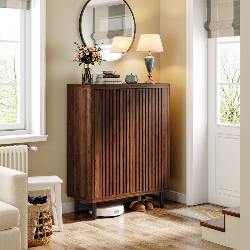 24 Pair Shoe Storage Cabinet with 2 Shutter Doors, Brown