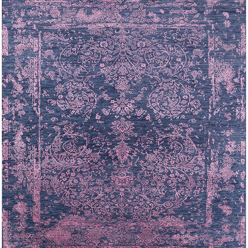 Tapis floral bleu / rose, Carré 3 pi